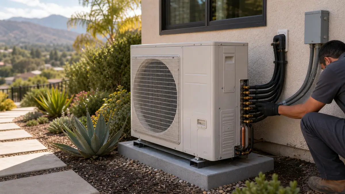 Mitsubishi MUZ-FX Hyper-Heat outdoor condenser installed beside a 1920s Alhambra cottage