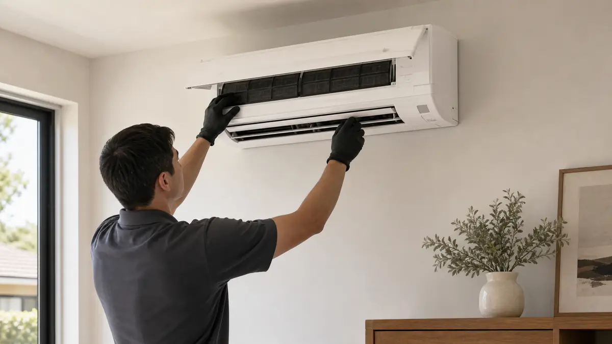 Mitsubishi MSZ-FS wall-mount mini-split head installed above plaster trim in an Alhambra bungalow