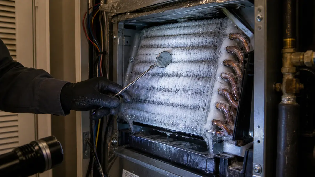 Frozen Mitsubishi indoor evaporator coil iced over from restricted airflow in an Alhambra home