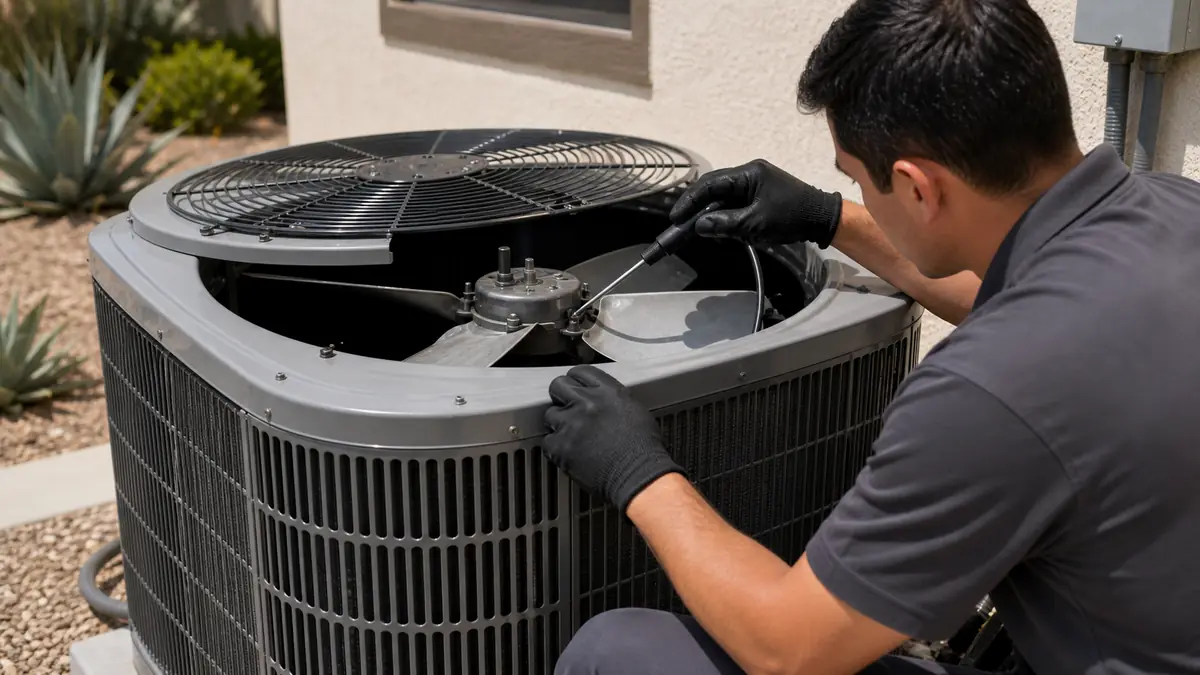 Technician inspecting a noisy Mitsubishi MUZ outdoor condenser on an Alhambra service call