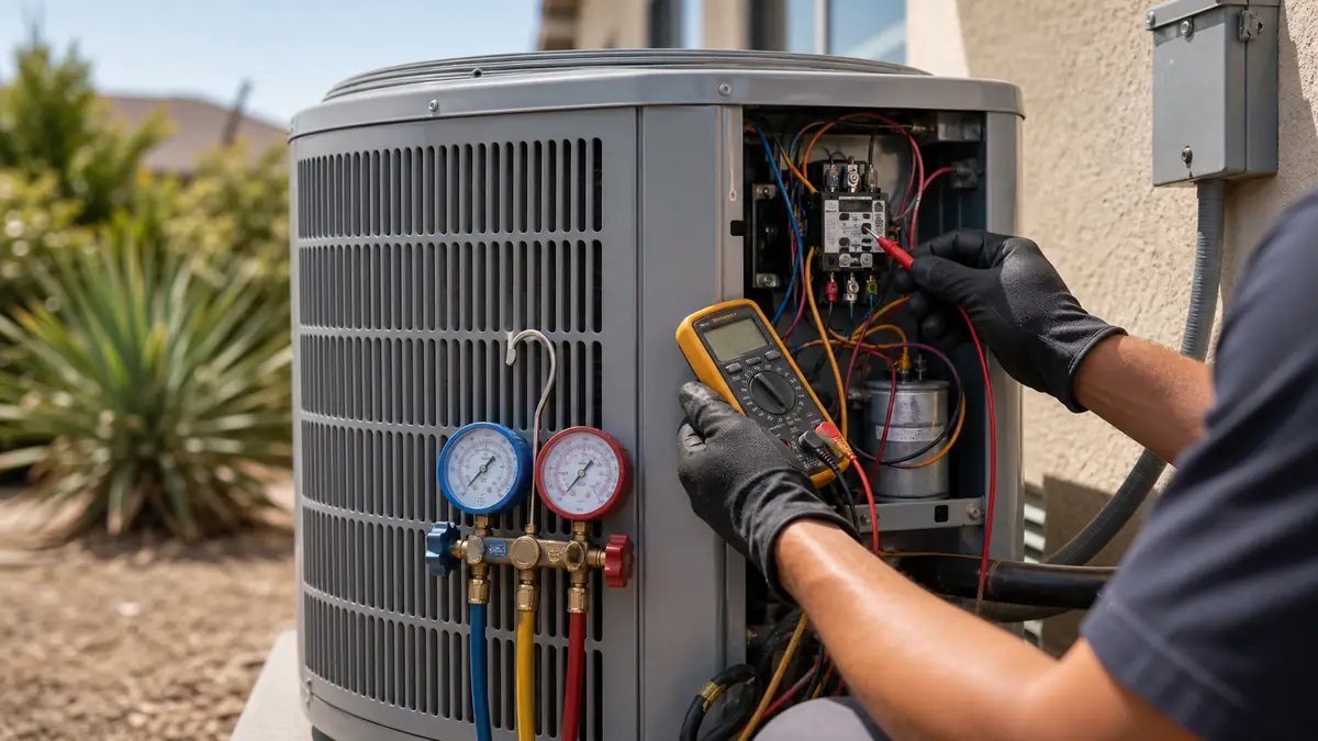 Technician setting a Mitsubishi MUZ outdoor condenser and routing a slim line set on an Alhambra ductless install