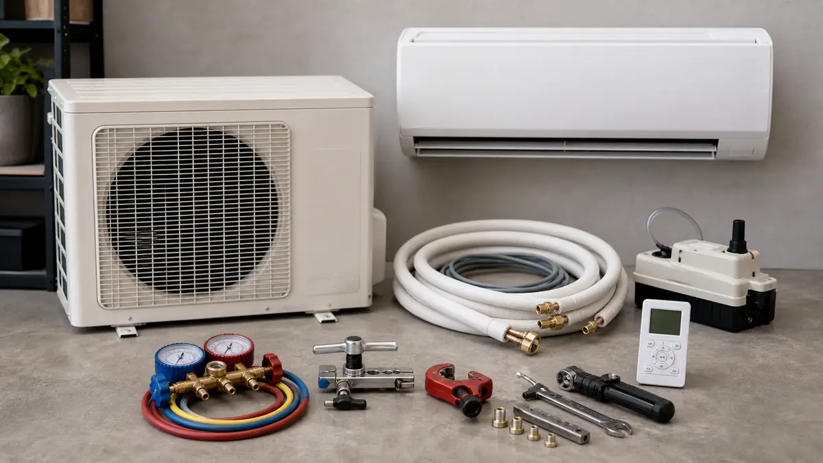 Mitsubishi MSZ and MUZ ductless components laid out for an Alhambra service call